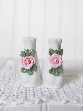 Vintage Porcelain Rose Salt & Pepper Shakers Set